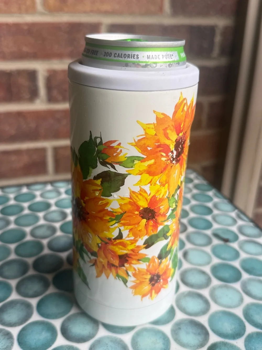 White Sunflower Slim Can Cooler - Insulated Floral Beverage Holder..12 OZ